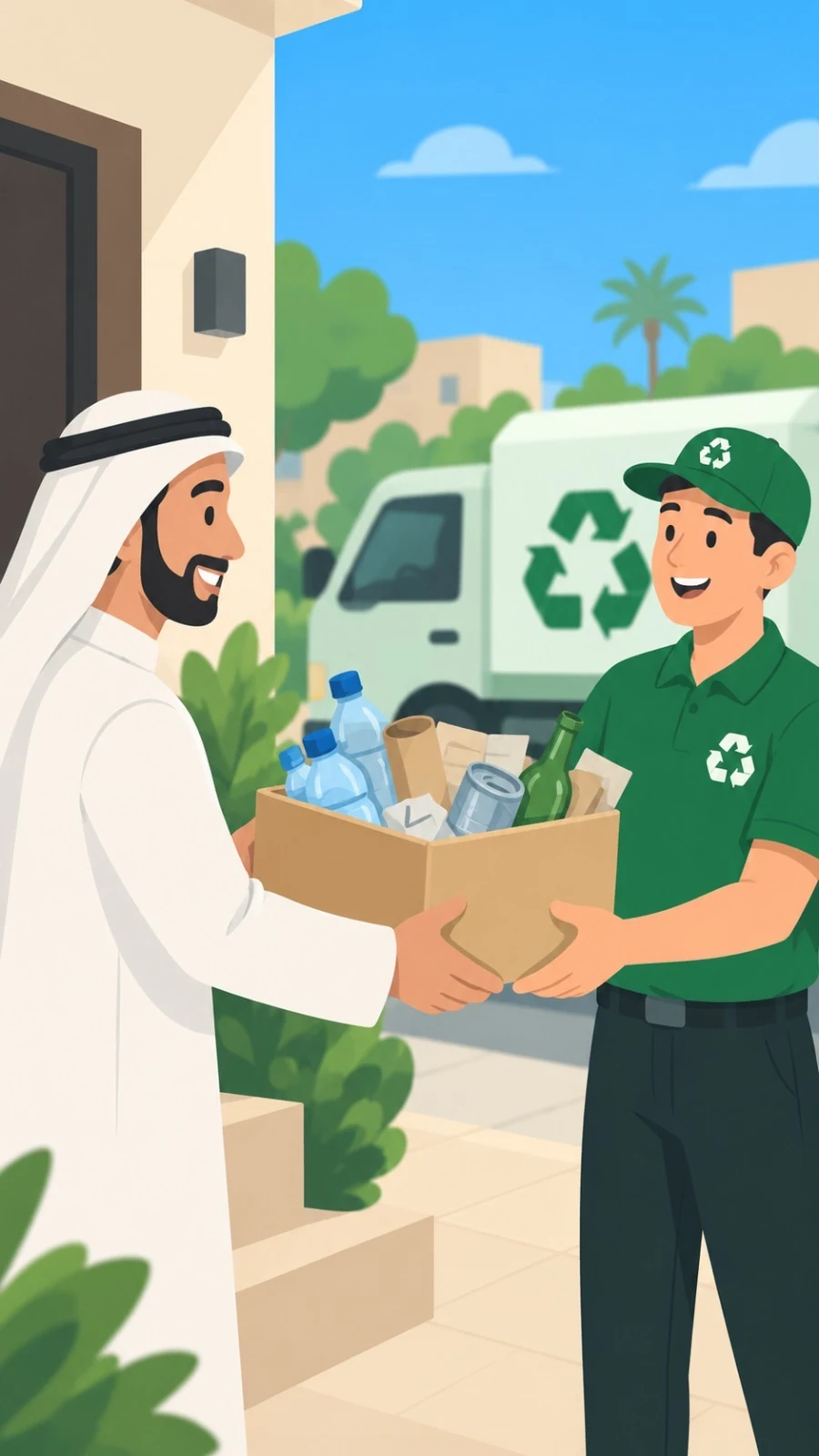 رسم توضيحي لرجل سعودي بالثوب والشماغ يسلّم صندوقاً من المواد القابلة للتدوير إلى مندوب جمع بزيّ أخضر أمام شاحنة تدوير.